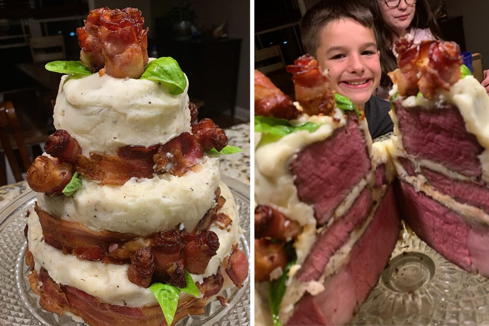 Zander's birthday cake consists of several layers of steak!