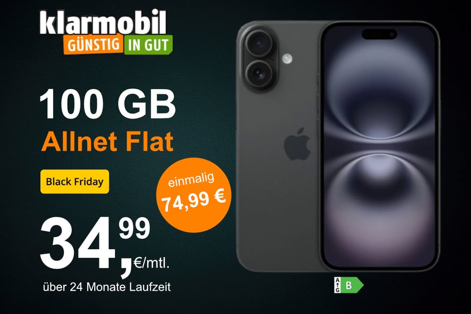 Das iPhone 16 (128 GB) inkl. 100 GB Datenvolumen für einmalig 74,99 Euro.