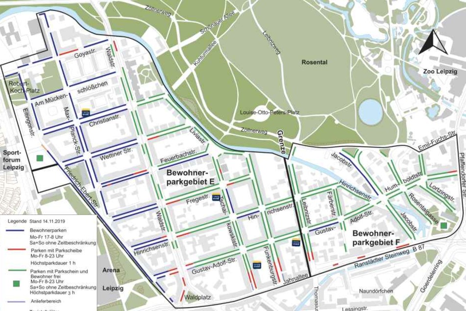 Das Bewohnerparken im Waldstraßenviertel erstreckt sich (Nord-Ost-Süd-West) über die Goya-/Max-Planck-Straße, die Pfaffendorfer Straße, den Ranstädter Steinweg und die Jahnallee sowie die Friedrich-Ebert-Straße/Robert-Koch-Platz.