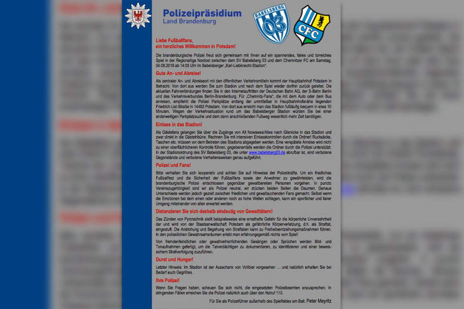 Mit diesem Brief wendet sich die Polizei schon zwei Tage vor dem Spiel an die Fans.