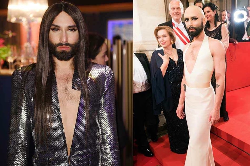 Die originale Conchita (li.) hatte sich zuletzt beim Wiener Opernball schon nur noch mit Glatze gezeigt. Jetzt ist sie "tot" und nennt sich nur noch Wurst.
