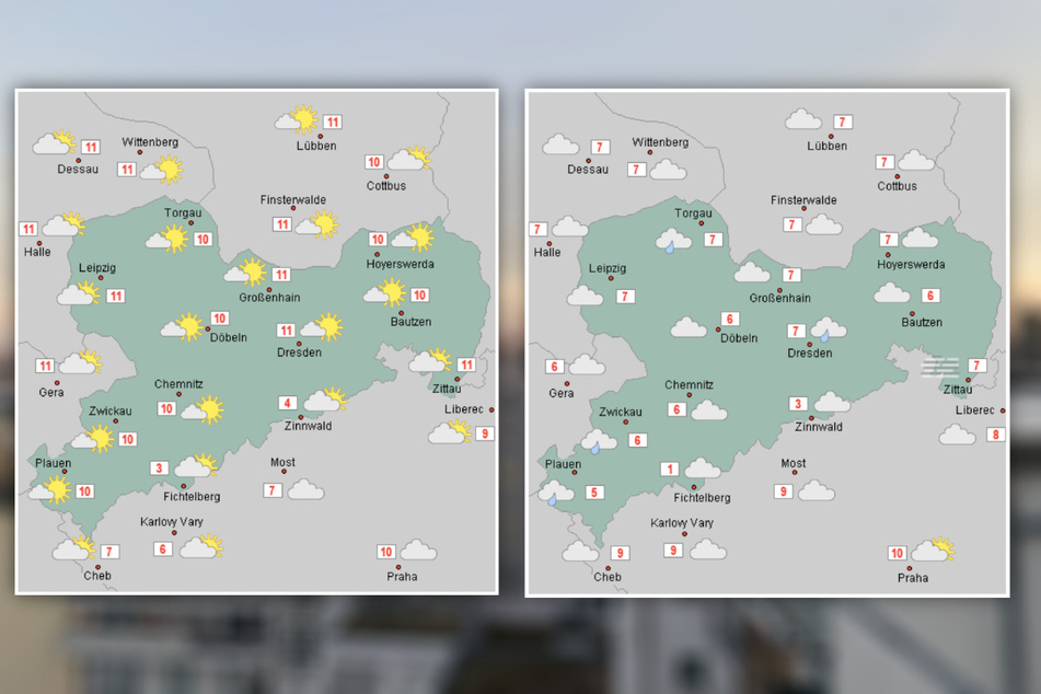Auch die Übersicht von wetteronline.de macht es deutlich: Während wir Montag (Bild links) noch ordentlich Sonne abbekommen, wird es Dienstag (Bild rechts) deutlich grauer - und kälter.