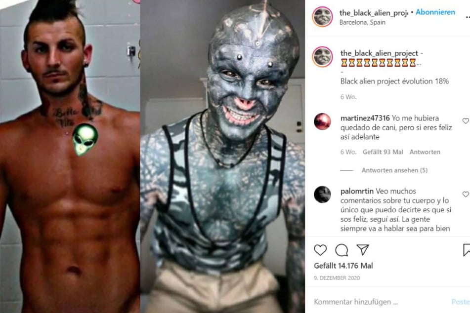 Left: Anthony Loffredo before he began his transformation. Right: Anthony Loffredo as the black alien.