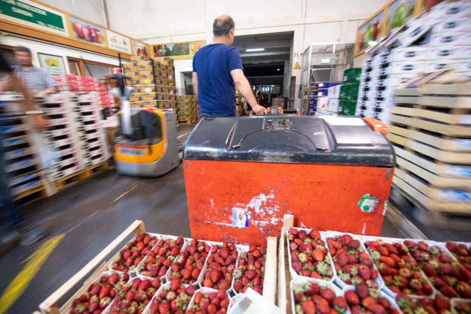 Erdbeeren werden in der Halle 1 vom Großmarkt München mit einem Hubwagen an einen Kunden ausgeliefert.