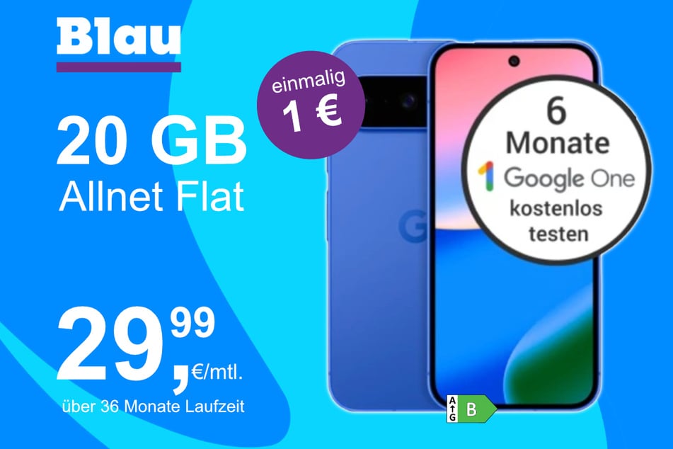 Das Google Pixel 10 im Blau Allnet M für einmalig 1 Euro.