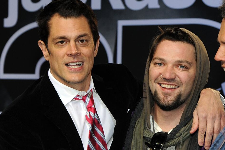 Johnny Knoxville (48,li.) und Bam Margera (39,.) bei der Deutschlandpremiere von "Jackass 3D" 2010. (Archivbild)