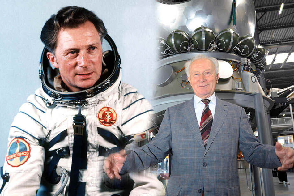 Sigmund Jähn, einmal nach seinem Flug mit der Rakete Sojus 31 (links) und vor einem Nachbau des Raumschiffs Wostok (rechts).