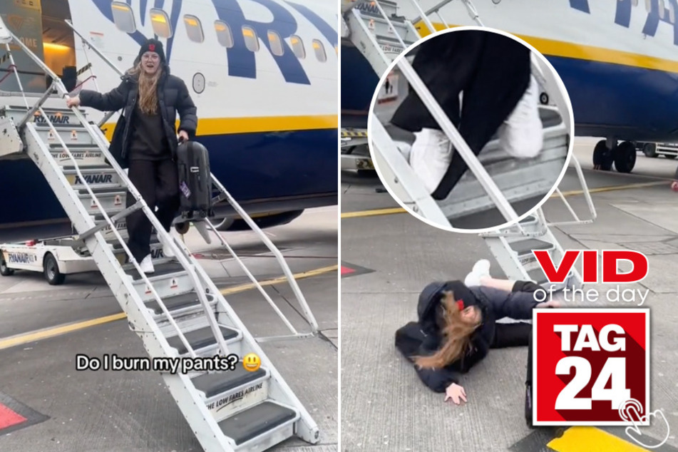 Today's Viral Video of the Day shows the moment a girl fell down the stairs while exiting a plane!