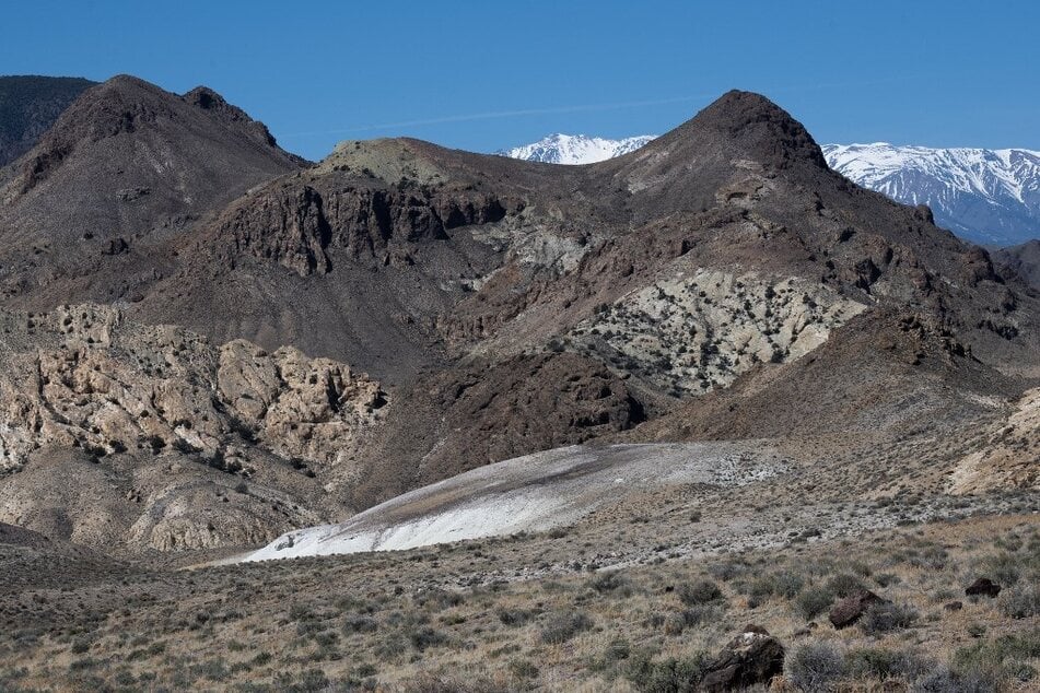 The tell-tale light-color of searlesite, the rock that contains both lithium and boron, is seen at the Rhyolite Ridge Project Lithium-Boron mining project site in Rhyolite Ridge, Nevada.