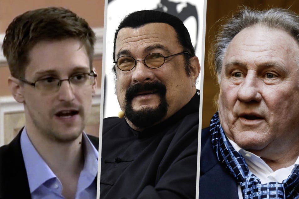 US-Whistleblower Edward Snowden (39, v.l.n.r.), US-Schauspieler Steven Seagal (70) und der französische Schauspieler Gerard Depardieu (73) haben die russische Staatsbürgerschaft.