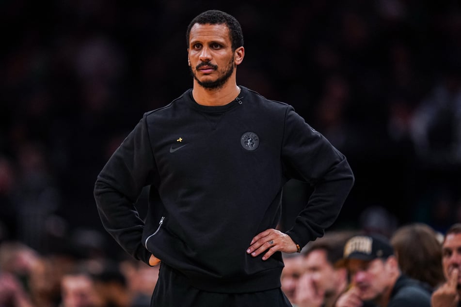 Boston Celtics head coach Joe Mazzulla watches from the sideline as they take on the Philadelphia 76ers during game five of the first round of the 2026 NBA Playoffs at TD Garden on April 28, 2026.