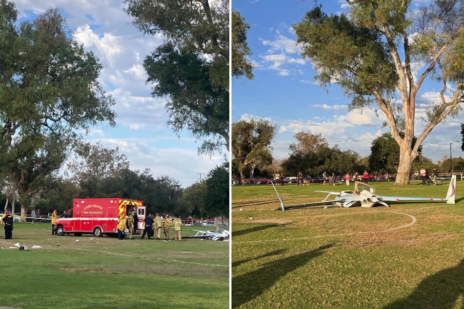 Einsatzkräfte am Mittwochnachmittag (Ortszeit) am Unglücksort: Ein Flieger liegt nach einer Notlandung auf einem Fußballfeld des Ortes Long Beach (Kalifornien, USA).