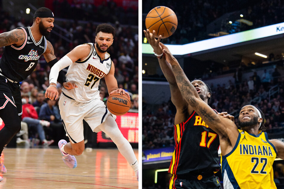 Los Angeles Clippers forward Marcus Morris Sr. (l.) battled against Denver Nuggets guard Jamal Murray on Friday while Indiana Pacers forward Isaiah Jackson (r.) and Atlanta Hawks forward Onyeka Okongwu fought for a rebound.