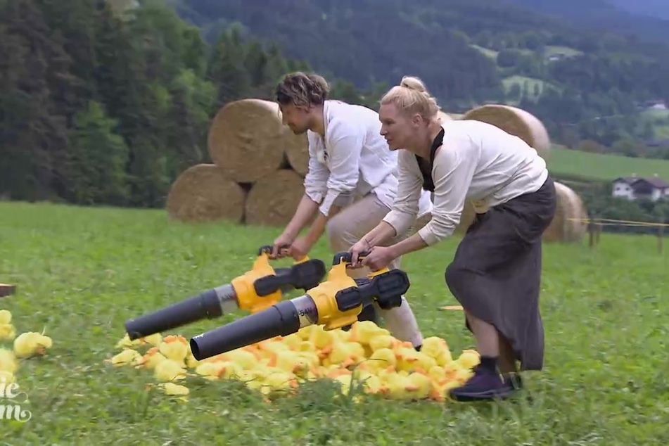 Die Alm-Favoriten Yoncé (28, l.) und Magdalena beim Küken-Blasen.