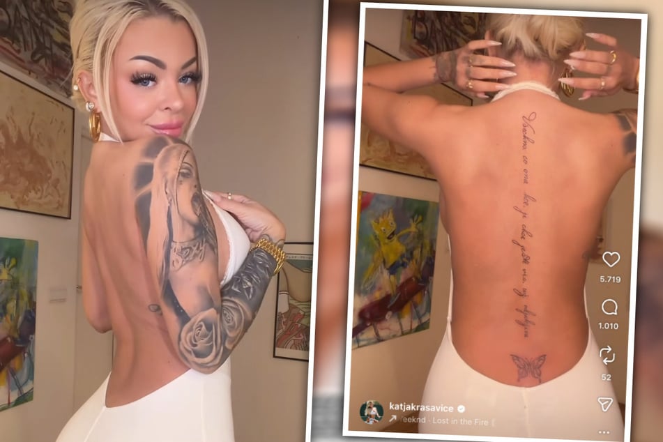 Vorher/Nachher-Aufnahme: Katja Krasavice (29) hat sich nicht nur ein Arschgeweih stechen lassen, auch ein Schriftzug ziert inzwischen ihren Rücken.