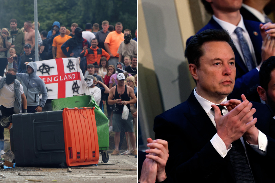 Elon Musk (r.) has been slammed for his response to far-right and Islamophobic rioting in England and Wales over the weekend.