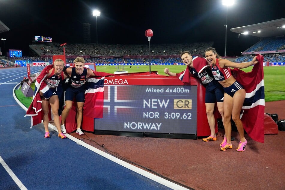 In EM-Rekordzeit von 3:09,62 sprintete die norwegische 4x400-Meter-Mixed-Staffel zu Gold. Auf der Medaille war davon aber nichts zu lesen.