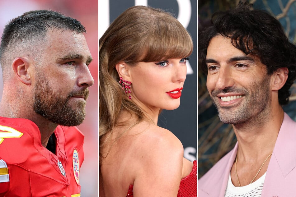 A man reportedly hired by Justin Baldoni's (r.) legal team was arrested after jumping the fence of Travis Kelce's (l.) Kansas home in an attempt to serve Taylor Swift deposition papers.