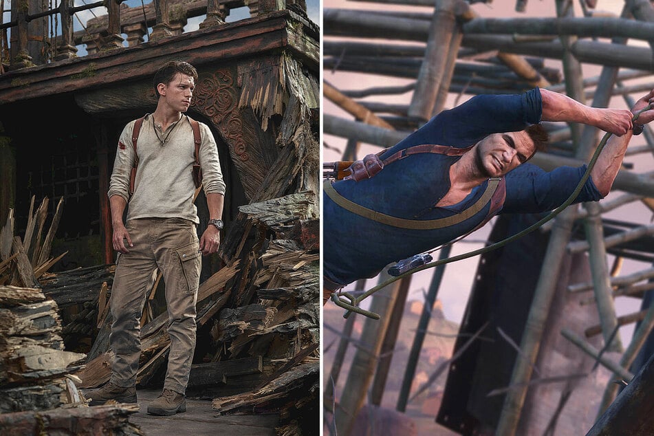 Tom Holland (l.) does rock the leather gun harness like his virtual counterpart Nathan Drake (r.).