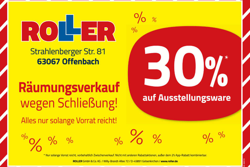 Während des Räumungsverkaufs bei ROLLER in Offenbach erhalten Kunden 30 Prozent Rabatt¹ auf Möbel.