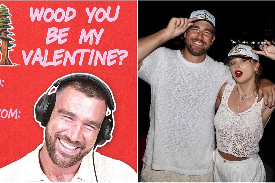 Taylor Swift (r) and Travis Kelce's (l) "loaf" story was the inspiration for the cheeky Valentine's Day cards.