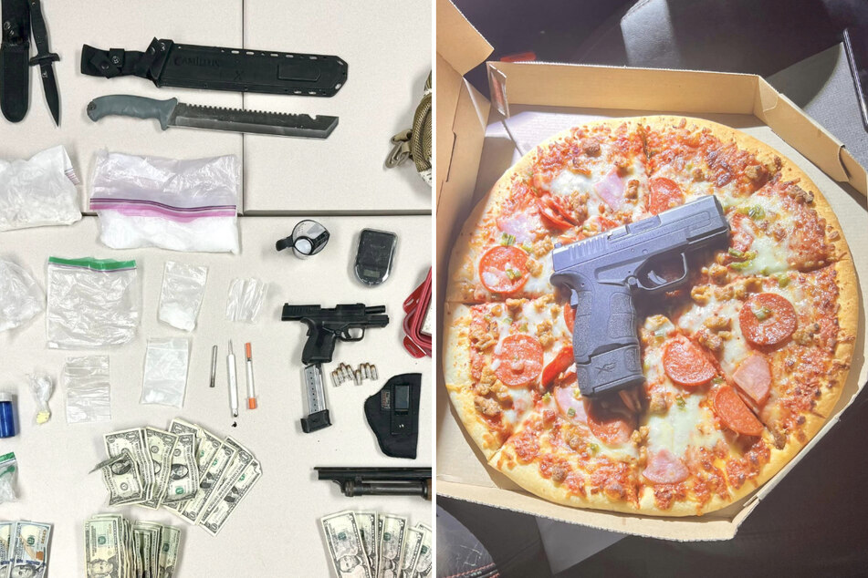 Kern County Sheriff's deputies discovered a semiautomatic handgun in a pizza box, along with other weapons and drugs, during a traffic stop.