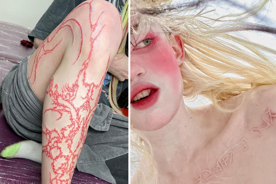 Grimes is showing off her new tattoos while promoting new music on Instagram.