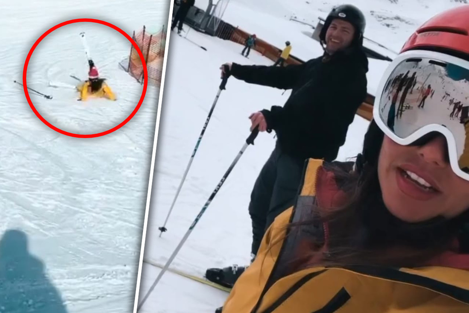 Sarah Engels stürzt beim Skifahren, Ehemann Julian hält die Kamera drauf und lacht