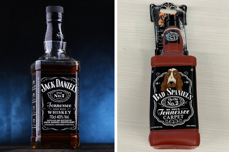 A dog toy called Bad Spaniels (r.) was shaped like a Jack Daniel's whiskey bottle, and lost a trademark dispute before the Supreme Court.