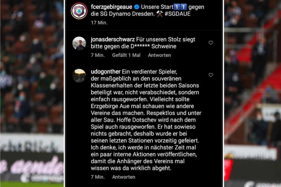 Seine Nachricht unter dem Post des FC Erzgebirge auf Instagram mit der Aufstellung in Dresden hat Udo Gonther inzwischen wieder gelöscht.