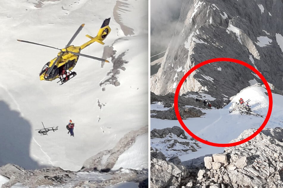 Der Bergsteiger stürzte den Angaben zufolge rund 400 Meter tief (r.). Zeugen des Vorfalls mussten mit dem Hubschrauber vom Berg geflogen werden (l.).