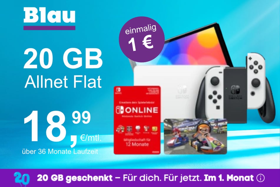 Die Nintendo Switch OLED + Mario Kart 8 im Blau Allnet M inkl. 20 GB für einmalig nur 1 Euro.