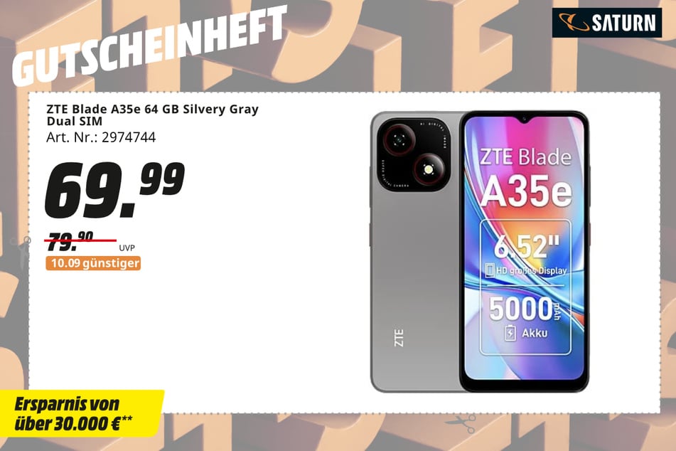 ZTE Blade A35e (64 GB, Silvery Gray) für 69,99 statt 79,90 Euro.