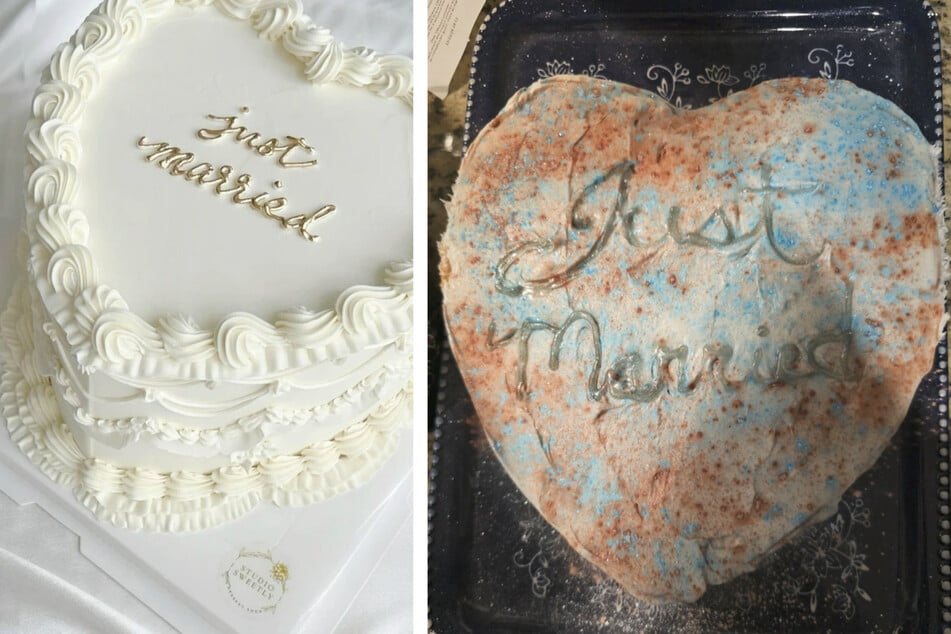 Die Braut hatte sich eine stilvolle, schlichte Torte gewünscht (linkes Bild). Ihre Großmutter hatte stattdessen ein buntes Ungetüm vorbereitet (rechtes Bild).