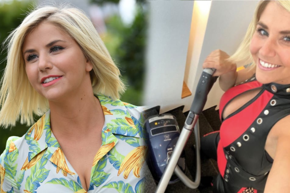 Beatrice Egli (31) kann ganz mädchenhaft (links) sein, in bunter Bluse zum Beispiel. Daheim reinigt sie die Bude mit einem blauen Staubsauger und in heißer Kleidung (rechts).