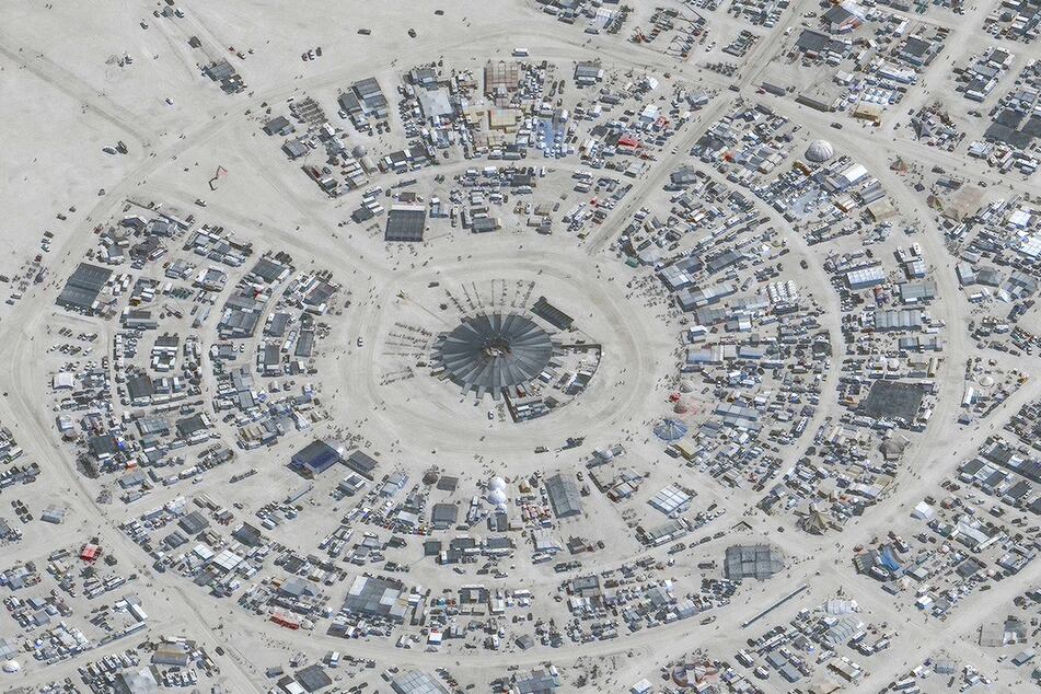 An aerial shot shows the center camp during the 2023 Burning Man festival, in Black Rock Desert, Nevada.