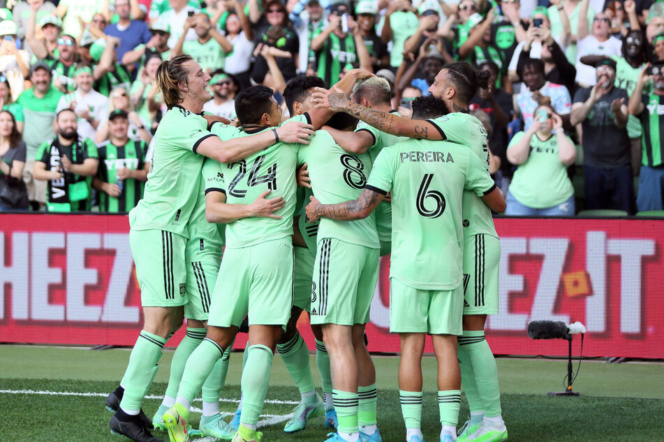 Austin FC players celebrate after Sebastián Driussi scores during a match against Inter Miami CF on Sunday at Q2 Stadium in Austin, Texas.