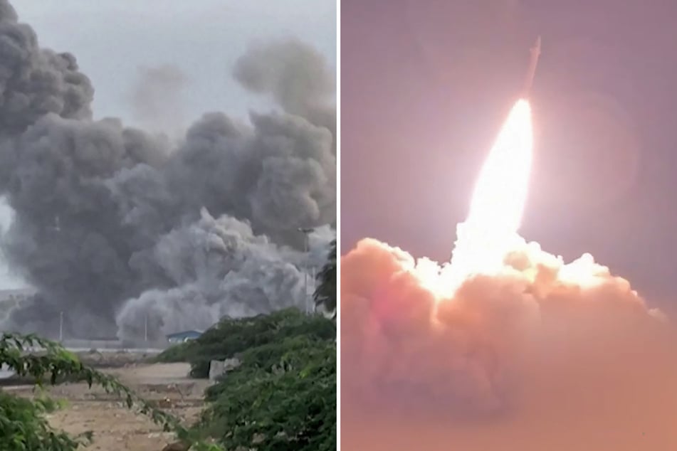 Smoke billowing in Chabahar, Iran on Wednesday (l) and a screenshot from video footage released by Iran showing a missile being launched towards US targets (r).