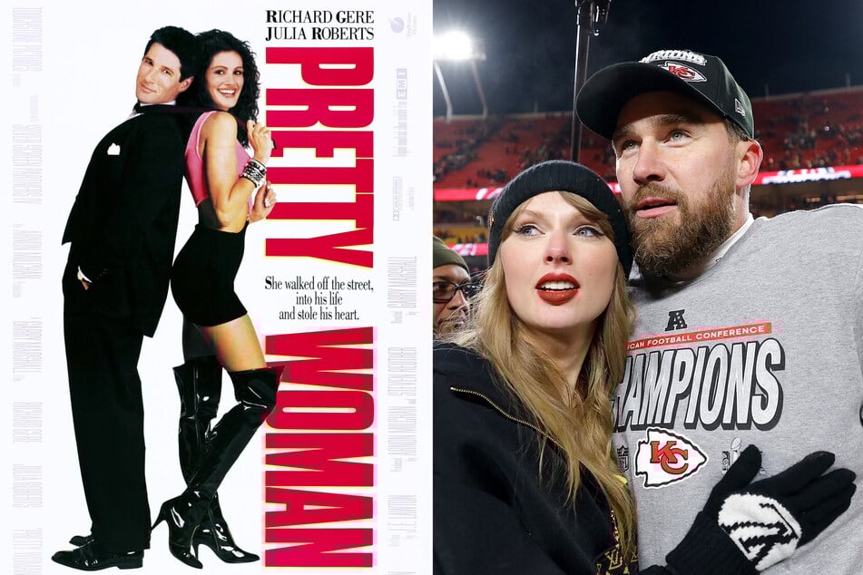 Travis Kelce (r.) joked that he saw some similarities between his romance with Taylor Swift and the 1990 movie Pretty Woman after watching the famous flick for the first time.