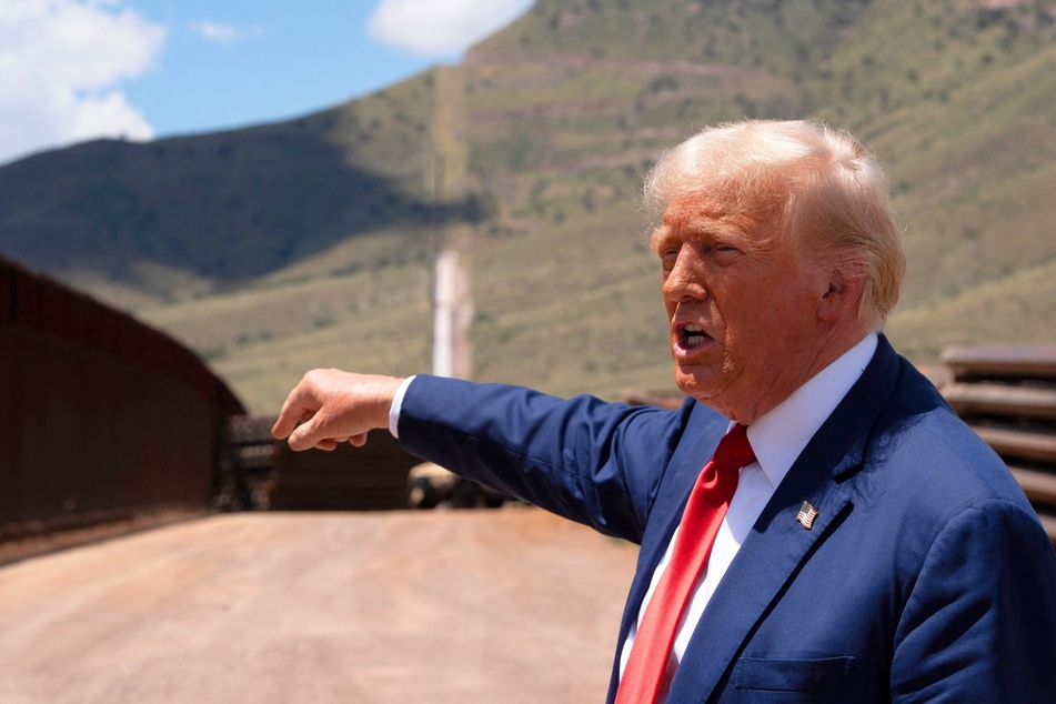 Donald Trump giving a press conference at the US-Mexico border in Sierra Vista, Arizona on August 22, 2024.