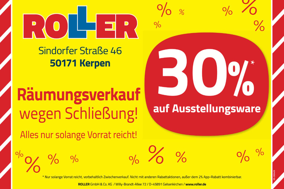 Zum Start des Abverkaufs bei ROLLER in Kerpen gibt's für Kunden u.a. bis zu 30 Prozent Rabatt¹ beim Möbelkauf.