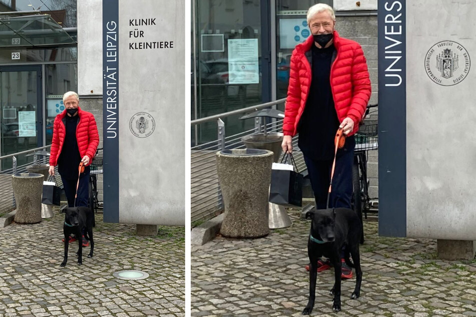 Herrchen Wolle Förster (67) liefert seine Hundedame Laila in die Leipziger Tierklinik ein.