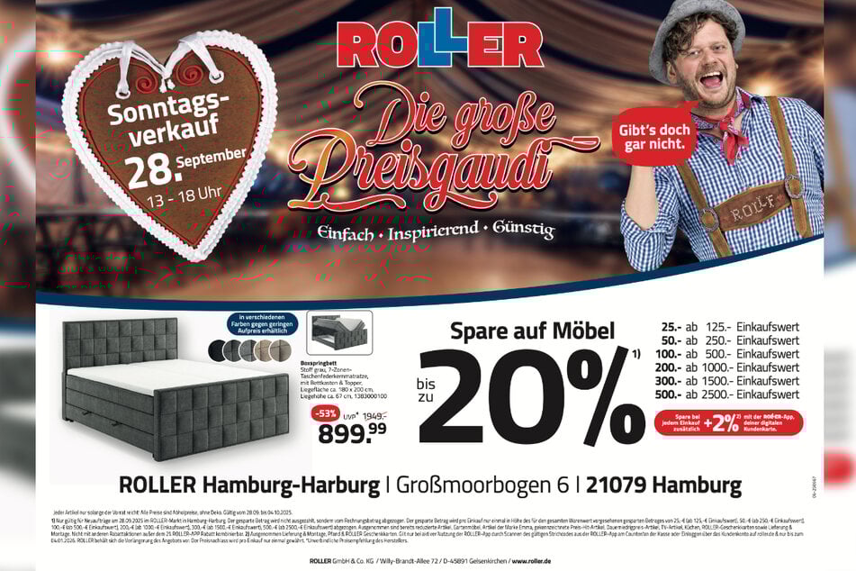 Zum verkaufsoffenen Sonntag (28.9.) bei ROLLER in Hamburg-Harburg gibt's Boxspringbetten 53 Prozent günstiger.