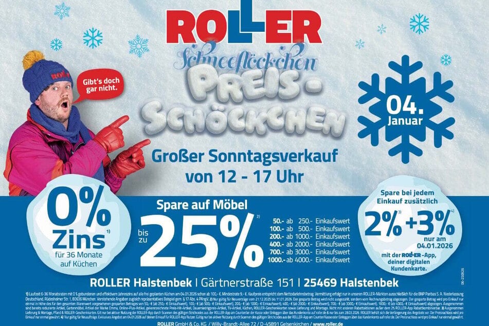 Der verkaufsoffene Sonntag (4.1.) bei ROLLER in Hamburg Halstenbek steigt von 12 bis 17 Uhr.