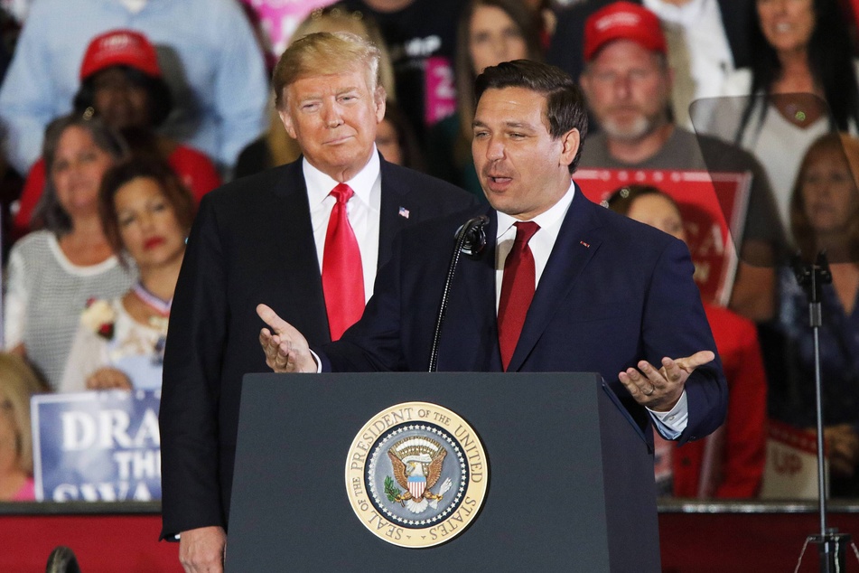 Florida Governor Ron DeSantis with then President Donald Trump during a rally in Pensacola, Florida, on November 3, 2018.