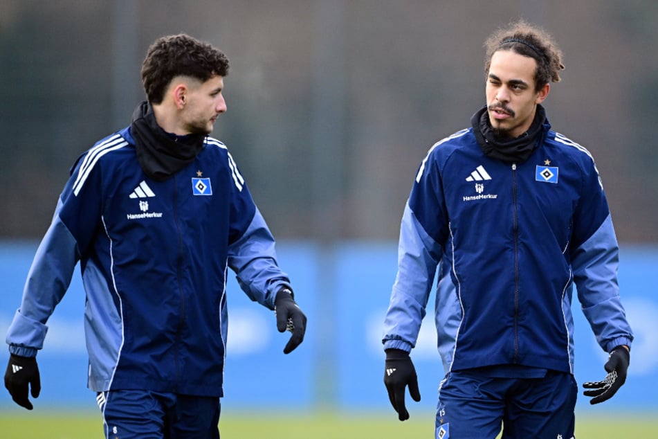 Daniel Elfadli (28, l.) und Kapitän Yussuf Poulsen (31) stehen dem HSV am Sonntag gegen den VfB noch nicht wieder zur Verfügung.