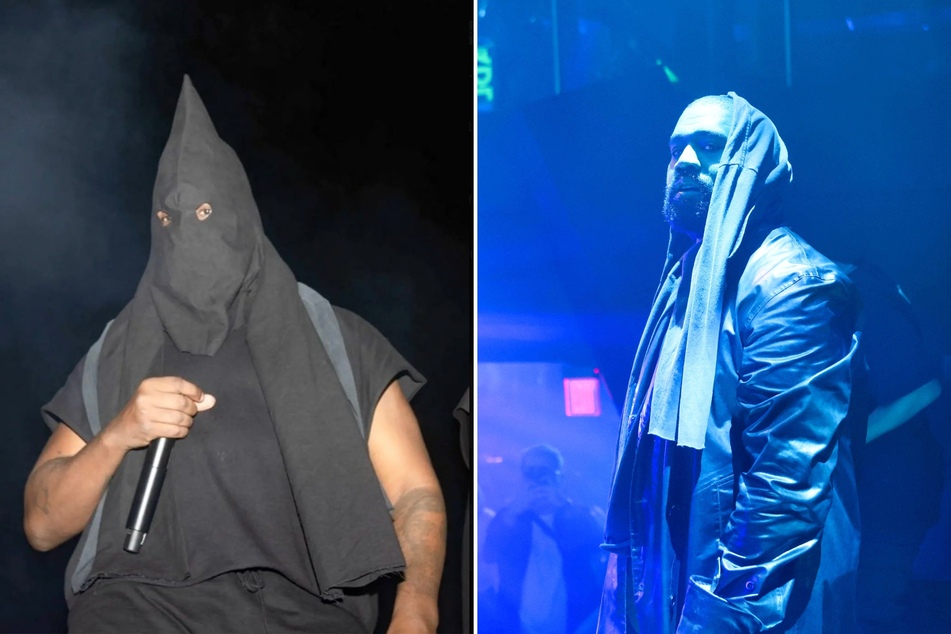 Rapper Kanye West held a listening party for his new album in Miami on Monday, where he boldly sported a black Klu Klux Klan hood on stage.