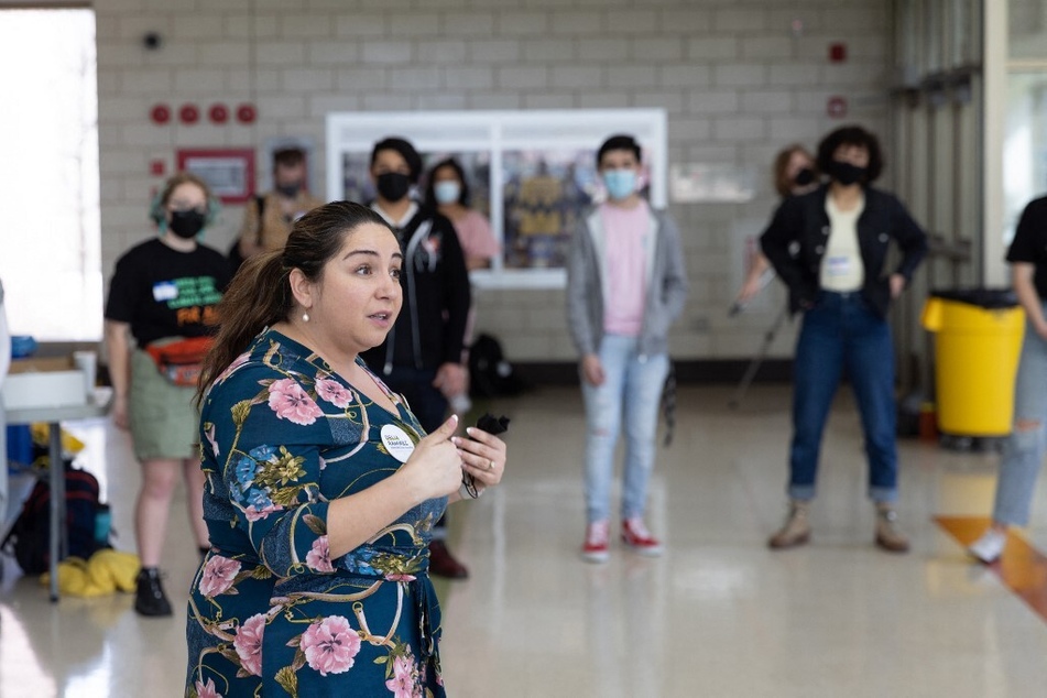 Delia Ramirez speaks at the Chicago Climate Summit at Benito Juarez Community Academy.