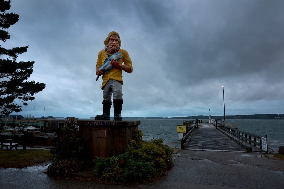A statue stands in the wind and rain from what was formerly Hurricane Lee and is now a post-tropical cyclone on September 16, 2023, in Eastport, Maine.