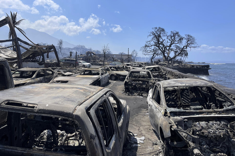 Ausgebrannte Autos stehen nach einem Waldbrand in Lahaina.